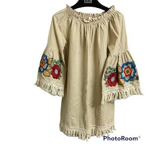 Velzera tan Mini Dress Tunic Top - Size S - Boho Peasant - floral - embroidered